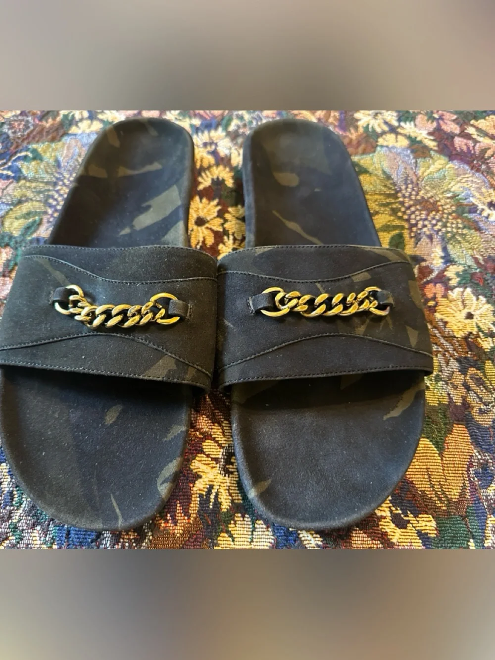 Tom Ford Camouflage Suede Olive Green Gold Chain Accent Men’s Sandals Size 11 T